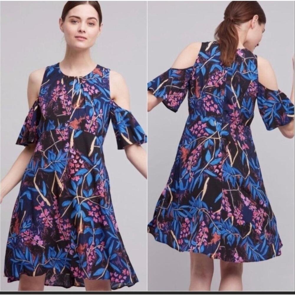 Anthropologie Maeve Off The Shoulder Navy Colorful Dress 10
